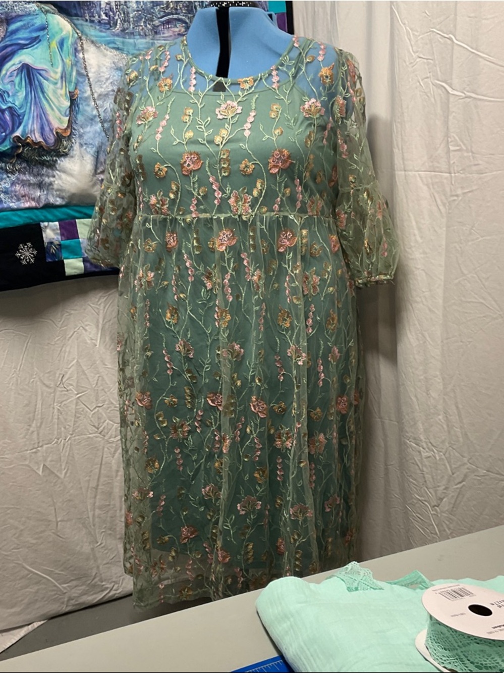 Embroidered Mint Green Floral Midi Dress